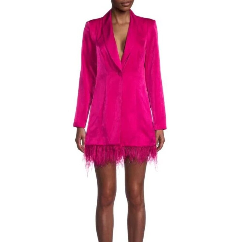 Aidan Feather Trim Satin Mini Tuxedo Dress